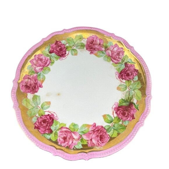 Vintage P.K. Silesia Porcelain Plate Pink Rose Floral & Gold Trim 11.5'' Germany - Picture 8 of 9